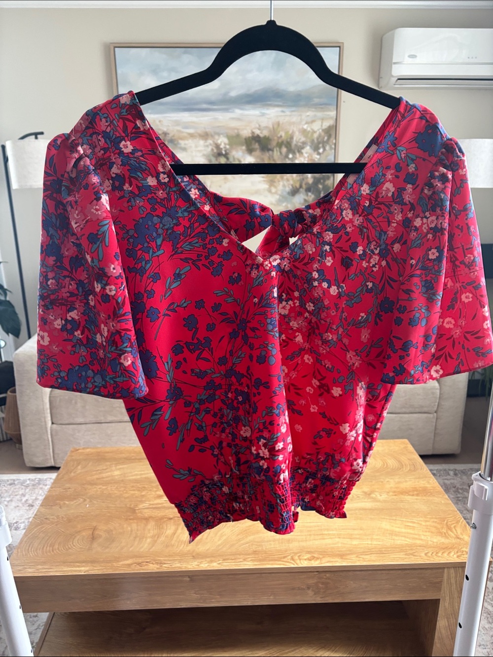 Women's Red Floral V-Neck Tie-Front Blouse